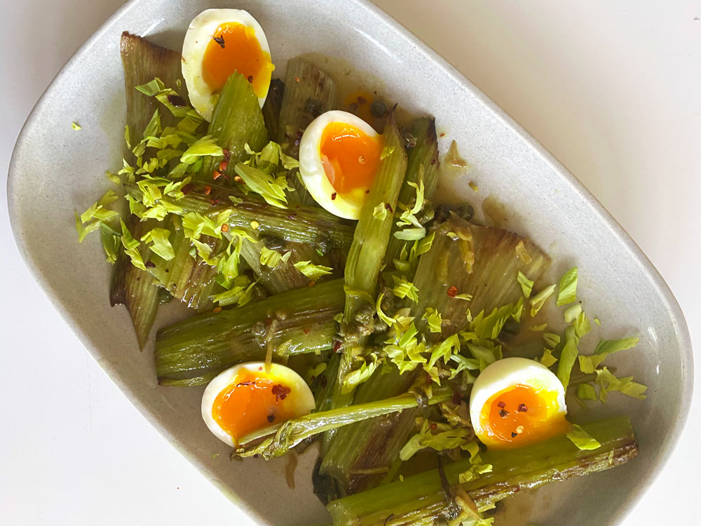 Warm Celery Vinaigrette with Capers and Jammy Eggs