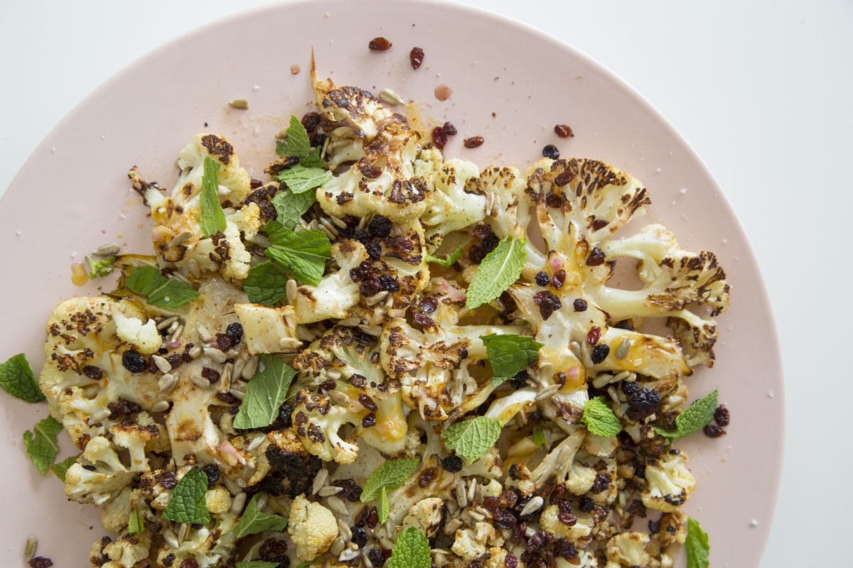 Curried Cauliflower with Pickled Barberries, Sunflower Seeds and Mint