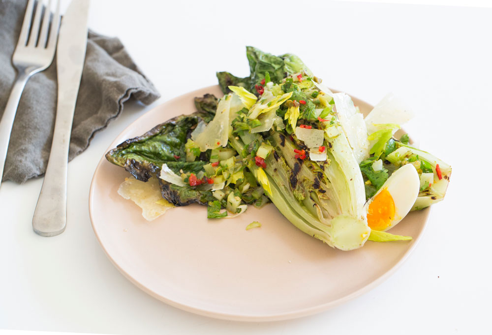 Grilled Romaine with Celery Salsa Verde and soft Boiled Egg